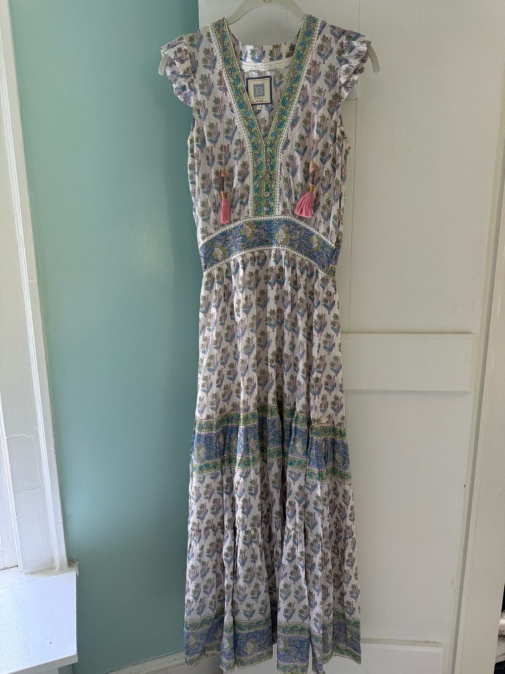 Boho-Inspired White Floral Maxi Dress with Pink Tassels